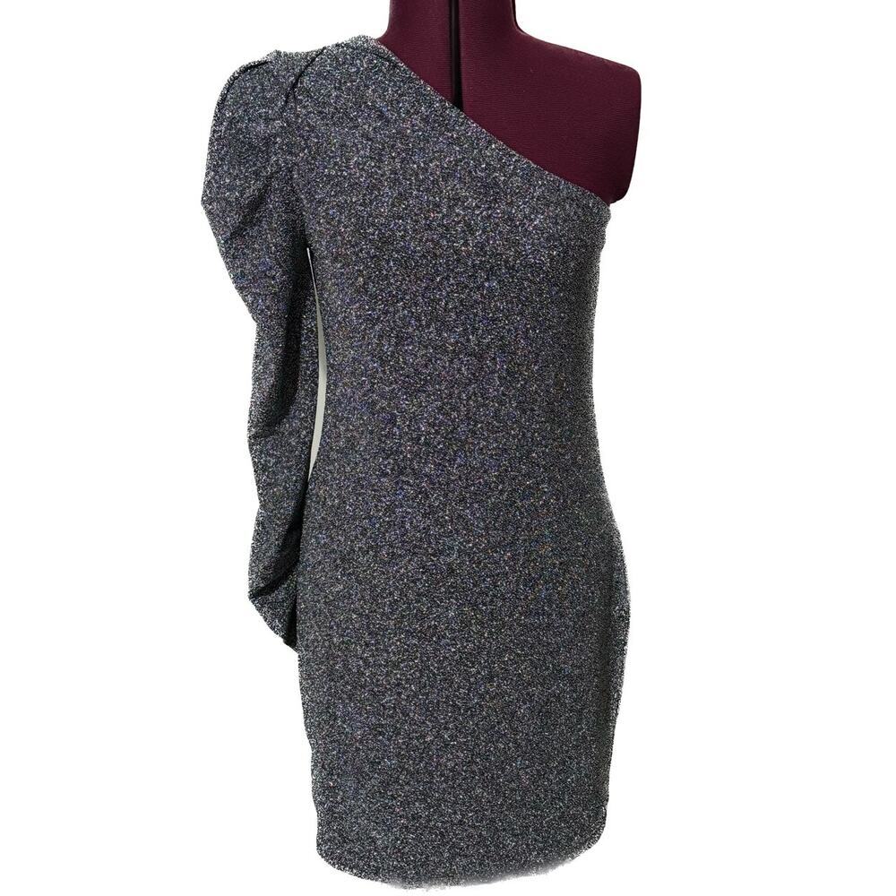 STEVE MADDEN Metallic Mini Dress LARGE Black Silver One Shoulder Holiday NWT